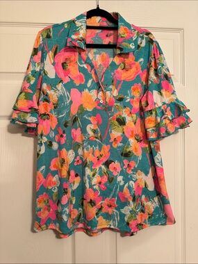 Sew In Love Teal Floral V-Neck Blouse with Ruffle Sleeves